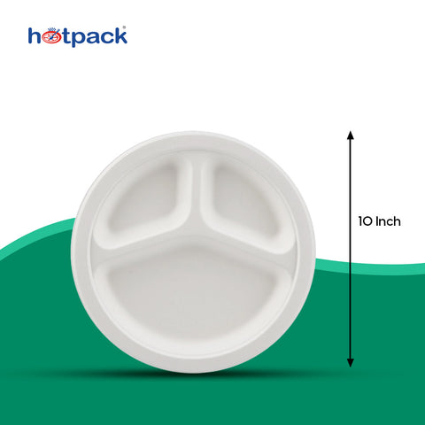 25 Pieces Biodegradable 3 Compartment 10 Inch Round Plate - Natural Disposable