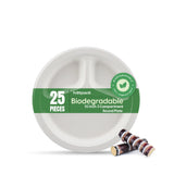 25 Pieces Biodegradable 3 Compartment 10 Inch Round Plate - Natural Disposable