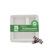 25 pieces Biodegradable 3 Compartment  10 Inch Square Tray - Natural Disposable | Eco-Friendly & Compostable