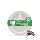 500 Pieces Biodegradable 9 Inch 3 Compartment Round Plate - Natural Disposable | Eco-Friendly & Compostable
