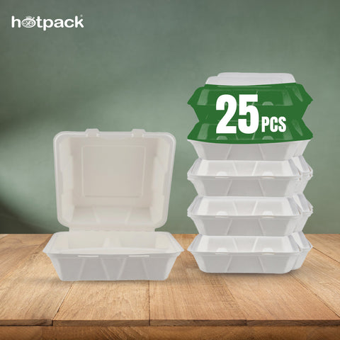 25 Pieces Biodegradable 3 Compartment 9 Inch Clamshell Multipurpose Square Container - Natural Disposable | Eco-Friendly & Compostable