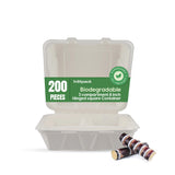 200 pieces Biodegradable 3 compartment 8 inch Hinged square Container- Natural Disposable