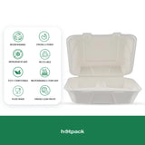 200 pieces Biodegradable 3 compartment 8 inch Hinged square Container- Natural Disposable
