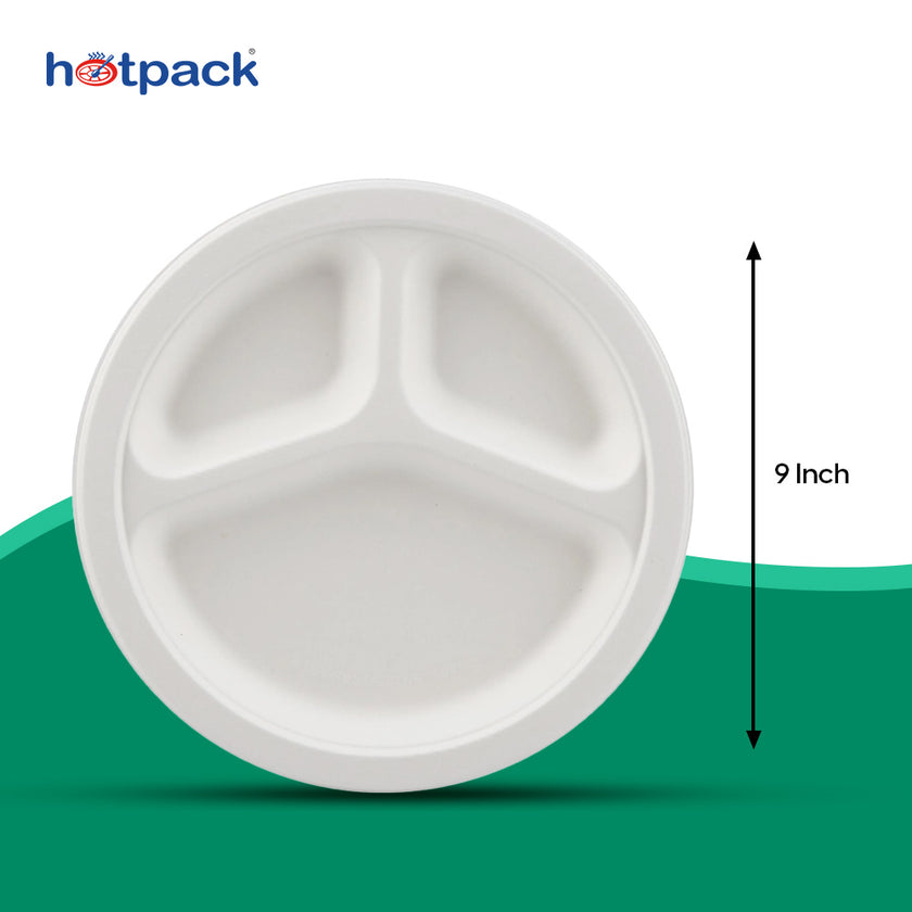 Buy 3 compartment biodegradable disposable round plates – Hotpack India