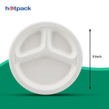Biodegradable 9 Inch 3 Compartment Round Plate