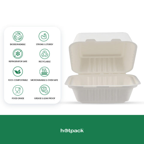 25 Pieces Biodegradable Square 6 Inch Burger Box - Natural Disposable